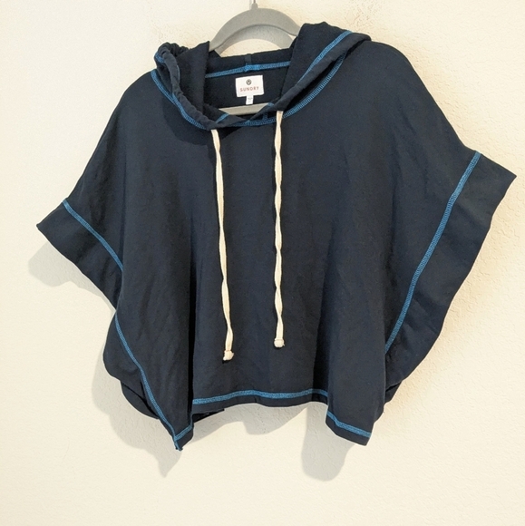 Sundry Navy Blue Jersey Knit Relaxed Short Sleeve Cropped Muscle Hoodie Lounge - Picture 4 of 10